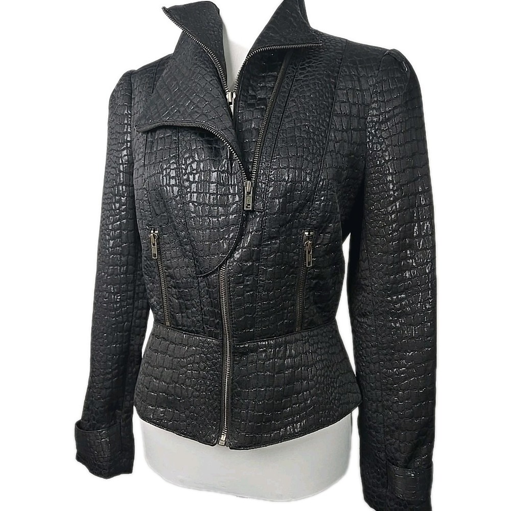 Worthington‎ Black Snake Pattern Textured Zippered Peplum Jacket Medium M